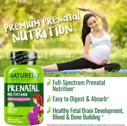 NATURELO Prenatal Multivitamin with Gentle Chelated Iron, Methyl Folate, Plant Calcium & Choline - Vegan, Vegetarian - Non-GM - Gluten-free - 180 Capsules - 4 Month Supply (Pack of 2)