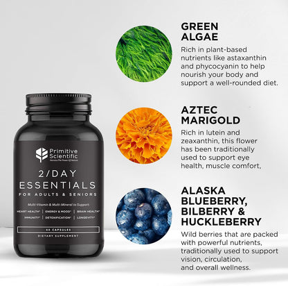 Primitive Scientific Whole Food Daily Essential Multivitamins for Adults and Seniors - 60 Capsules
