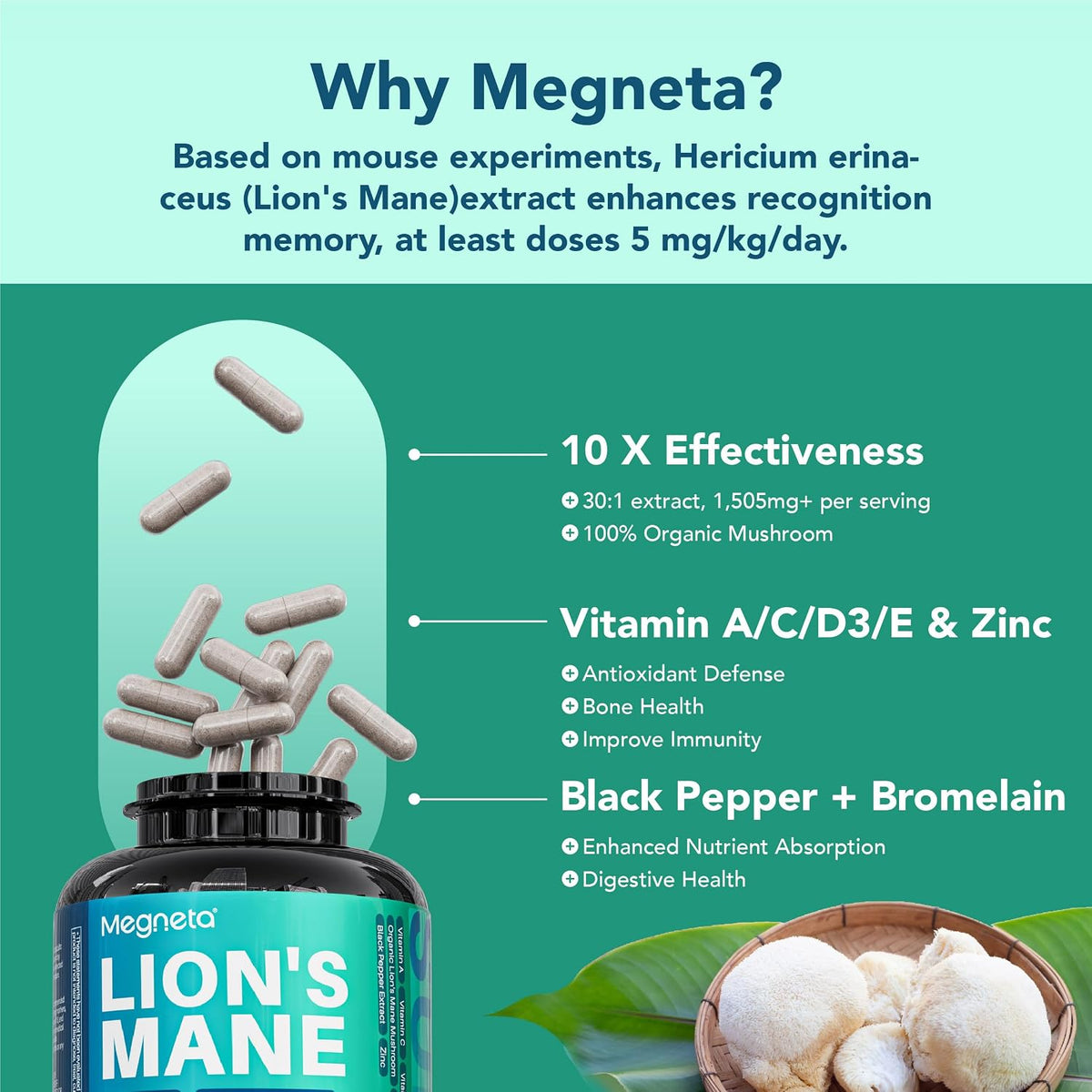 Lion's Mane Extract with Black Pepper – 120 Capsules - görsel 5