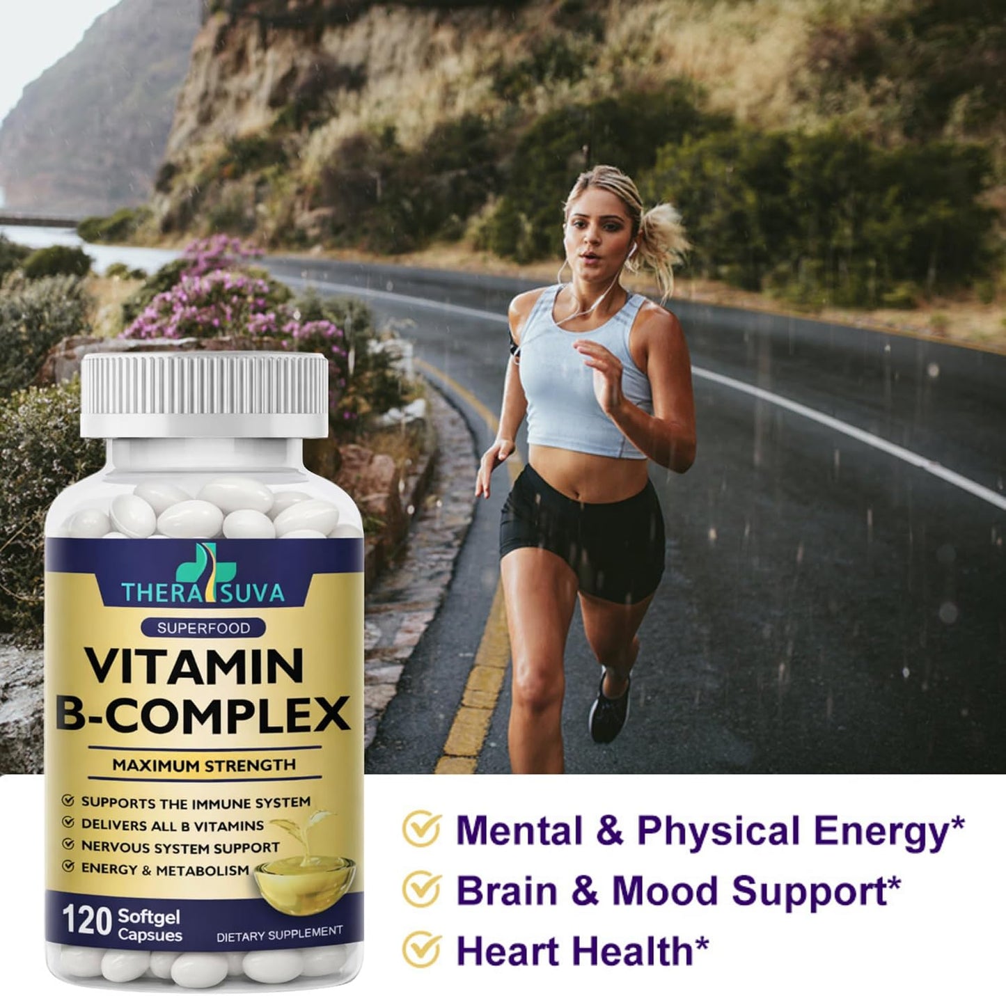 TheraSuva Vitamin B-Complex + CoQ10 + Vitamin C – Max Strength Food Supplement for Energy & Metabolism Support, 2 Month Supply, 120 Softgels - görsel 6