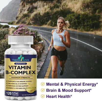 TheraSuva Vitamin B-Complex + CoQ10 + Vitamin C – Max Strength Food Supplement for Energy & Metabolism Support, 2 Month Supply, 120 Softgels