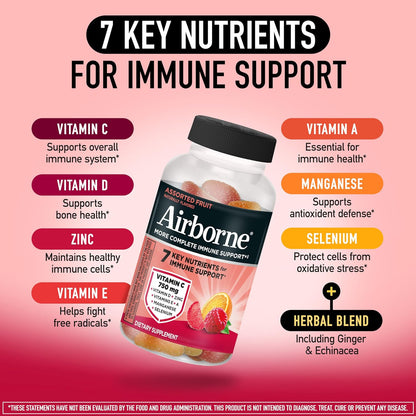 Airborne Immune Support Gummies, Assorted Fruit Flavour, 63 Ct