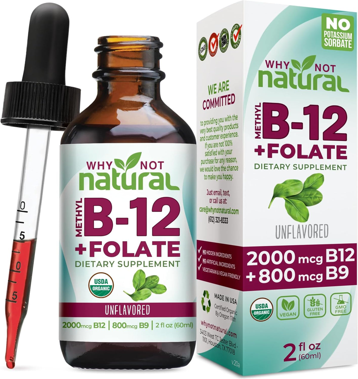 Why Not Natural Vitamin B12 Liquid Plus Folate – Organic Sublingual Extra Strength Vegan Drops – with Methylcobalamin and Folinic Acid - görsel 1