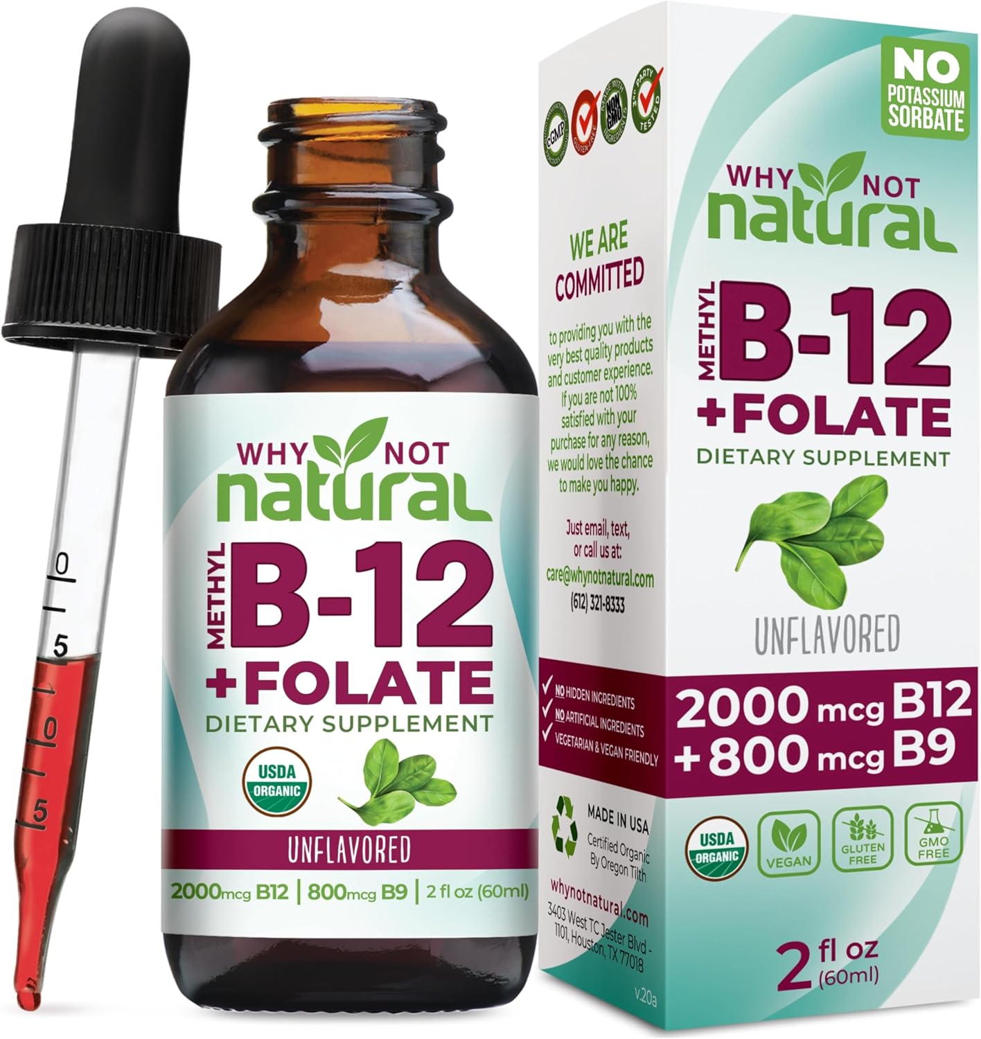 Why Not Natural Vitamin B12 Liquid Plus Folate – Organic Sublingual Extra Strength Vegan Drops – with Methylcobalamin and Folinic Acid - görsel 1