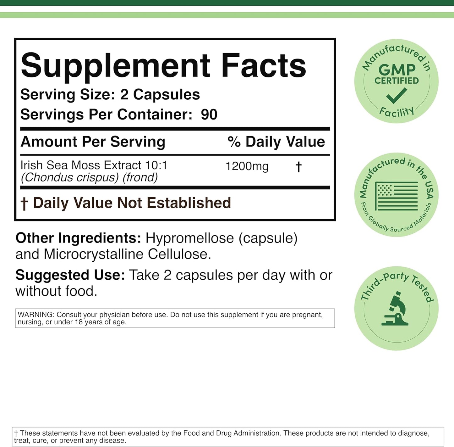 Irish Sea Moss Capsules - 1,200mg per Serving, 180 Count - görsel 2