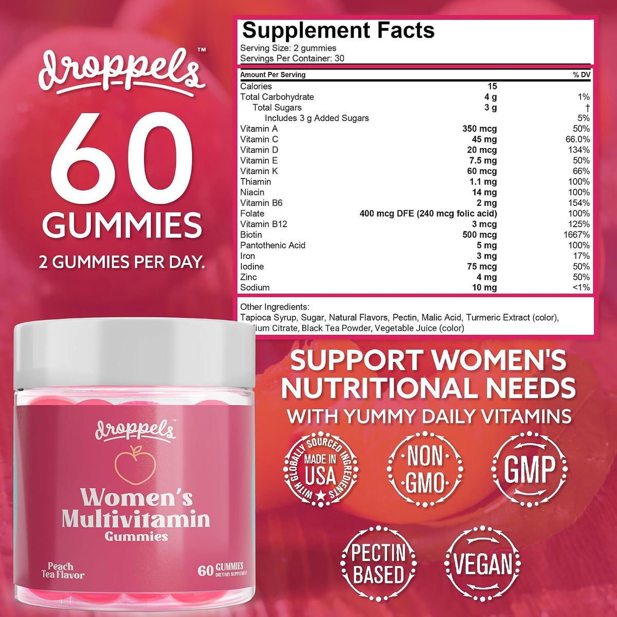 Droppels Women's Multivitamin Gummies with Folic Acid & Biotin - Peach Tea Flavour, 60 Count - görsel 6