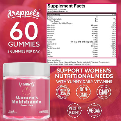 Droppels Women's Multivitamin Gummies with Folic Acid & Biotin - Peach Tea Flavour, 60 Count