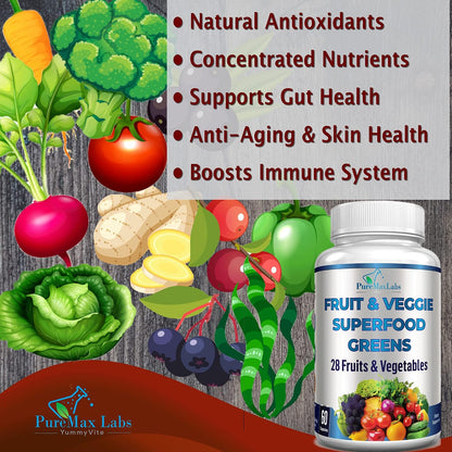 YUMMYVITE Fruit and Veg Superfood Greens - 28 Fruits and Vegetables with Antioxidants, 60 Tablets