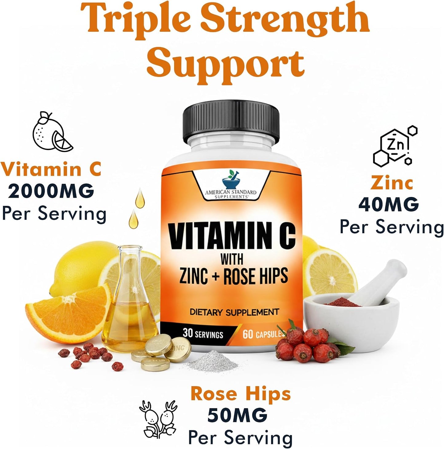 American Standard Supplements Vitamin C 2000mg, Zinc & Rose Hips - 60 Capsules - görsel 3