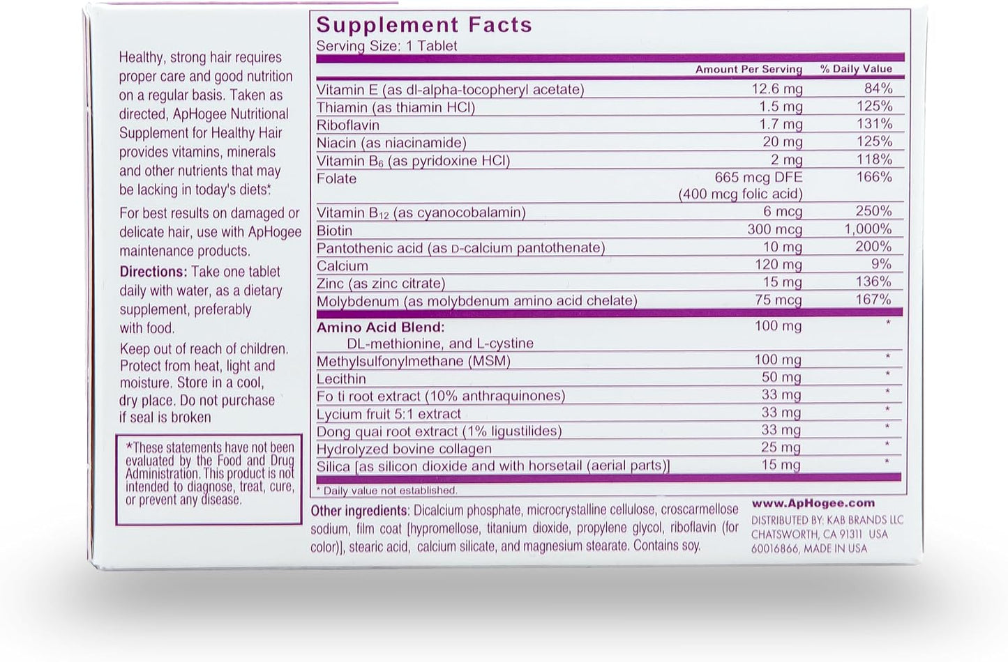 Aphogee Nutritional Supplement for Healthy Hair – Biotin, Vitamins & Minerals with MSM, Collagen & Amino Acids – Nourishes Hair from Within, Promotes Healthy Hair Growth – 30 Tablets (30-Day Supply) - görsel 2