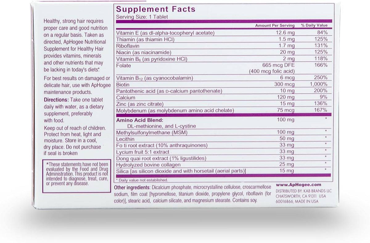 Aphogee Nutritional Supplement for Healthy Hair – Biotin, Vitamins & Minerals with MSM, Collagen & Amino Acids – Nourishes Hair from Within, Promotes Healthy Hair Growth – 30 Tablets (30-Day Supply) - görsel 2