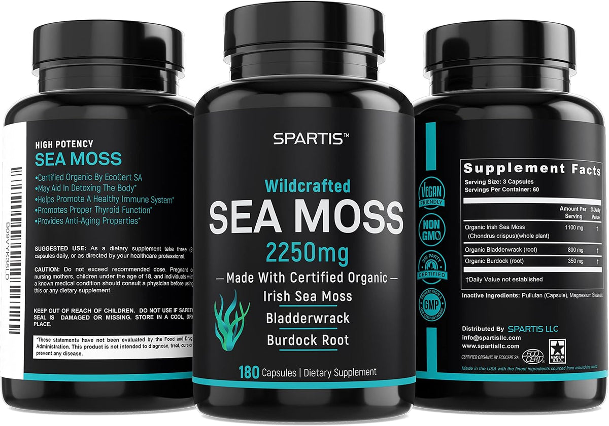 Certified Organic Sea Moss Capsules 2250mg – Wildcrafted Irish Sea Moss, Burdock Root & Bladderwrack Supplement (180 Capsules) - görsel 7