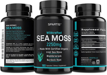 Certified Organic Sea Moss Capsules 2250mg – Wildcrafted Irish Sea Moss, Burdock Root & Bladderwrack Supplement (180 Capsules)