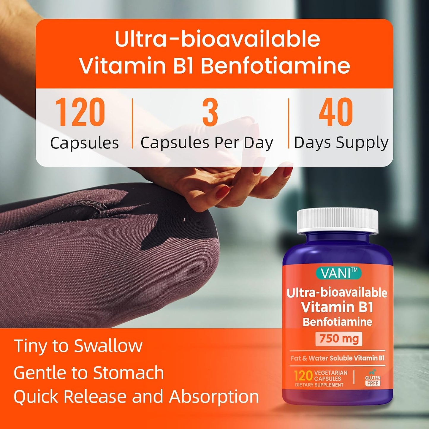 VANI 750 mg Benfotiamine with B1, 5 Times Fat- and Water-Soluble Thiamine B1 Supplement – Third-party tested, Gluten-free (120 Capsules) - görsel 6