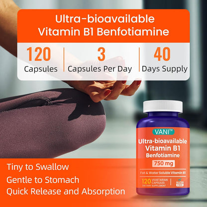 Mega Benfotiamine 750mg with Vitamin B1 – Highly Bioavailable Benfotiamine Supplement, 120 Capsules