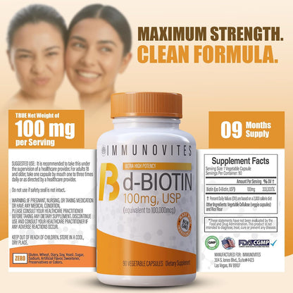 IMMUNOVITES High-dose Biotin 100mg (100,000mcg) - 3-Pack, 90 Capsules Each