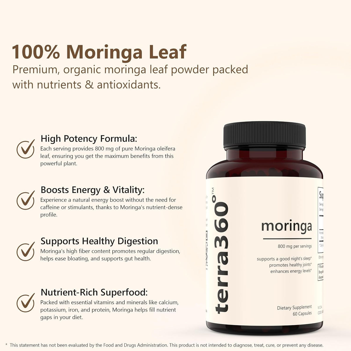 Natural Moringa Leaf Powder Capsules - 800mg, Vegan, Non-GM, 3rd-Party Tested, Gluten-free, 60 Capsules - görsel 8