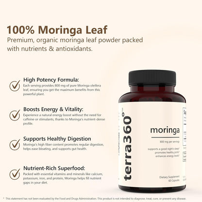 Natural Moringa Leaf Powder Capsules - 800mg, Vegan, Non-GM, 3rd-Party Tested, Gluten-free, 60 Capsules