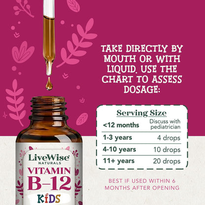 Live Wise Naturals Vitamin B12 Liquid Drops for Children – Vegan, Non-GM, Low Dose (5mcg per serving)