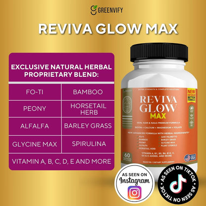 Reviva Glow Max - Hair, Skin & Nails Support Supplement with Biotin, Calcium, Magnesium, Folate & Herbal Blend - 120 Capsules, Vegan & Gluten-free