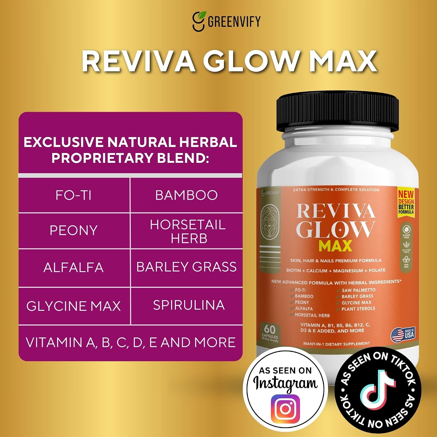 Reviva Glow Max - Hair, Skin & Nails Support Supplement with Biotin & Herbal Blend, 180 Capsules - görsel 3