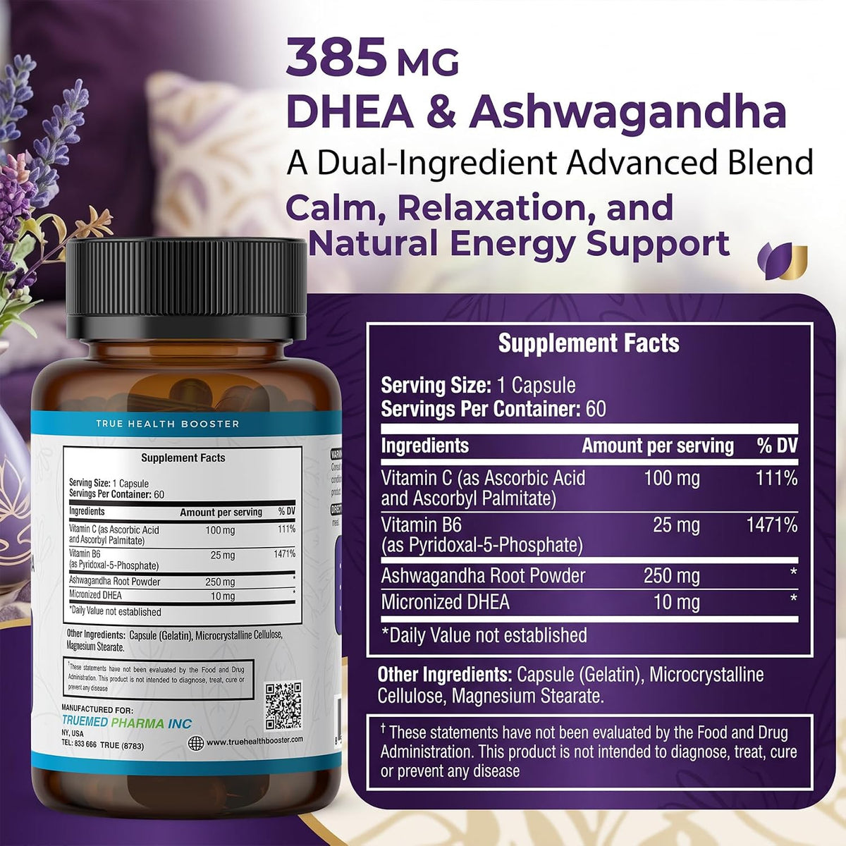 TRUEMED DHEA & Ashwagandha Supplement – 385mg Blend with Ashwagandha 250mg, DHEA 10mg, Vitamin C & B6 – 60 Vegan Capsules - görsel 3