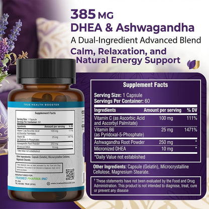 TRUEMED DHEA & Ashwagandha Supplement – 385mg Blend with Ashwagandha 250mg, DHEA 10mg, Vitamin C & B6 – 60 Vegan Capsules