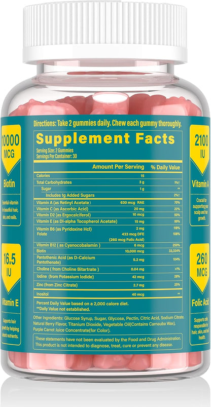 Lazpowfi Biotin Gummies for Hair, Skin & Nails – Vegan Vitamin B7 – 60 Raspberry Gummies – Image 8