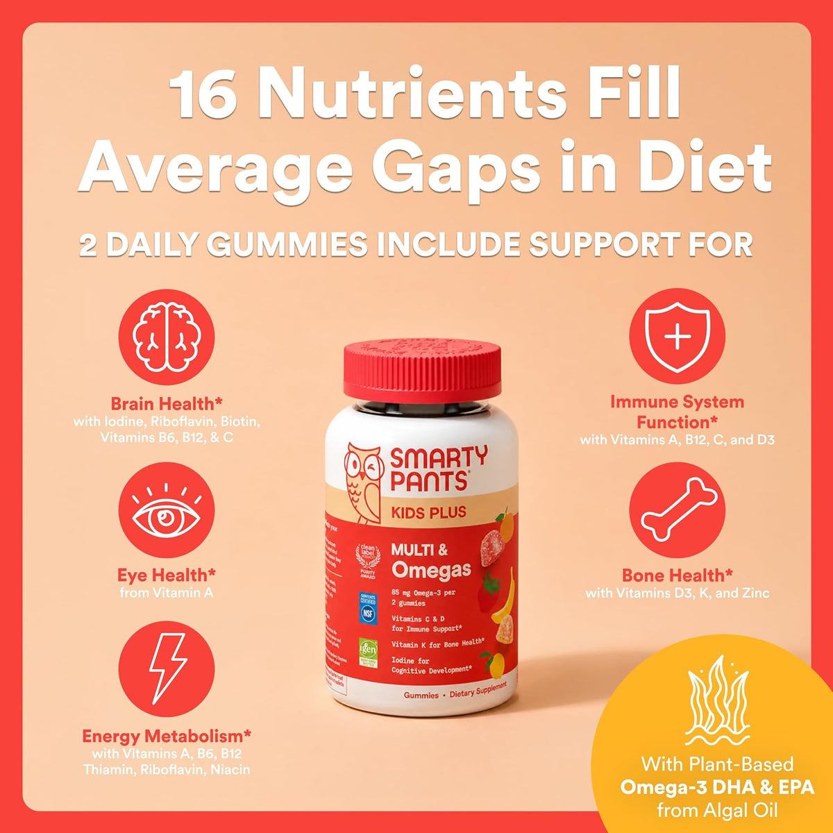SmartyPants Kids Multivitamin Gummies with Omega-3 DHA/EPA, Vitamins D3, C, B12, B6, A, K, and Zinc, Gluten-free, Clean Labelled, Three Fruit Flavours, 60 Gummies (30 Day Supply) - görsel 4