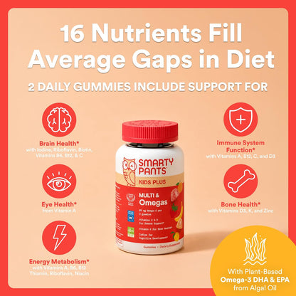 SmartyPants Kids Multivitamin Gummies with Omega-3 DHA/EPA, Vitamins D3, C, B12, B6, A, K, and Zinc, Gluten-free, Clean Labelled, Three Fruit Flavours, 60 Gummies (30 Day Supply)