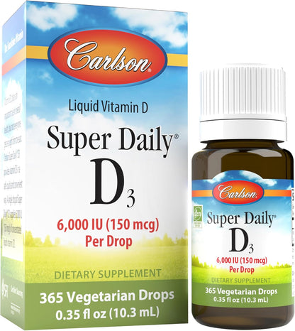 Carlson Super Daily D3, 6000 IU (150 µg) per Drop, Liquid Vitamin D3, 1-Year Supply, Non-GM, Unflavoured, 365 Vegetarian Drops