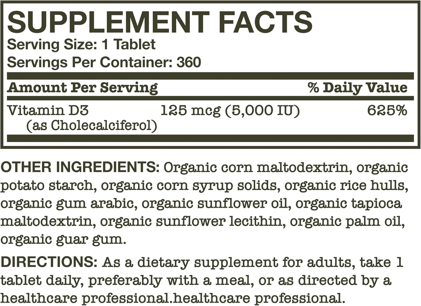 Futurebiotics Vitamin D3 5,000 IU (125 mcg), USDA Certified Organic Vitamin D Supplement, 360 Tablets - görsel 6