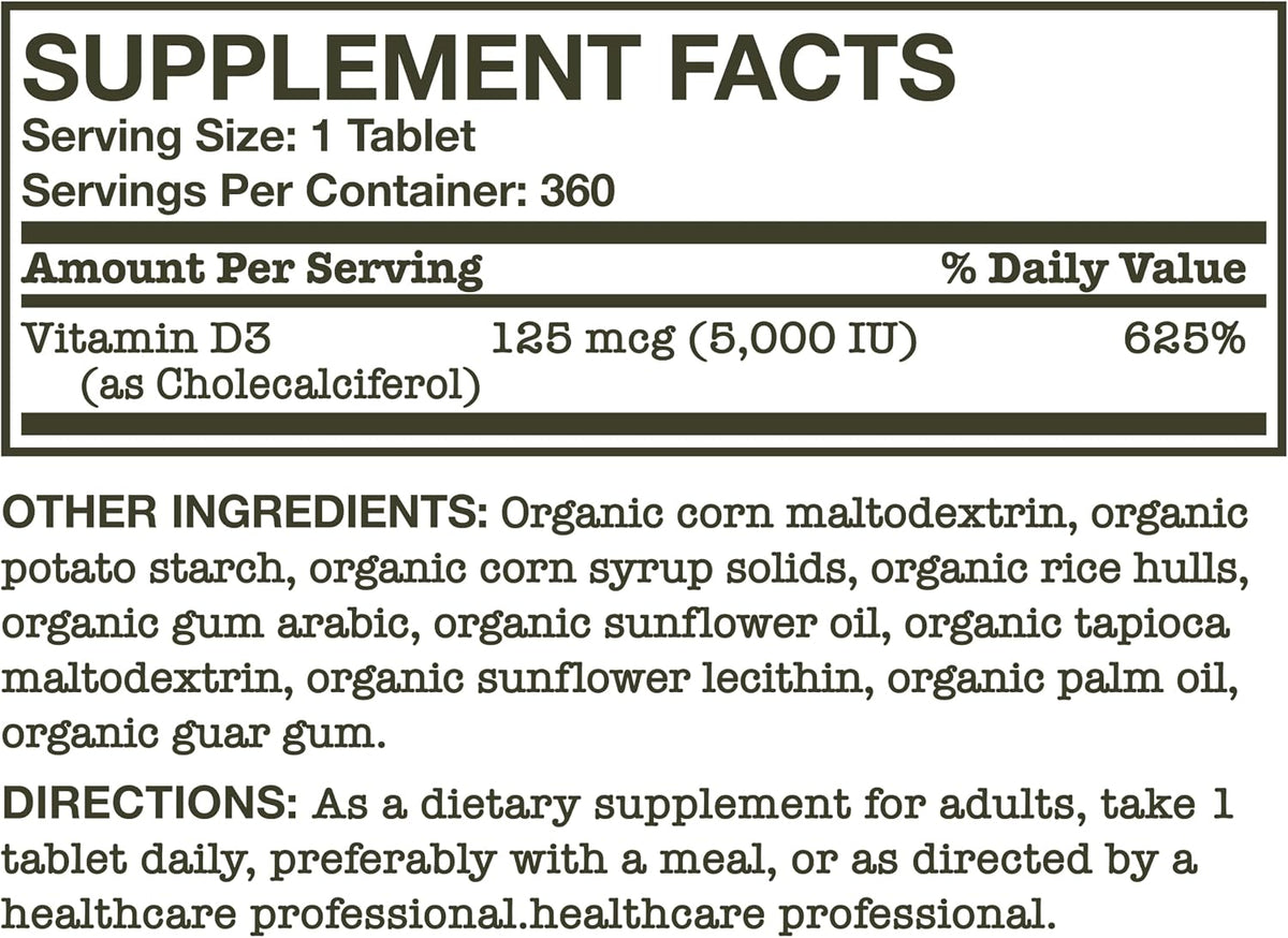 Futurebiotics Vitamin D3 5,000 IU (125 mcg), USDA Certified Organic Vitamin D Supplement, 360 Tablets - görsel 6