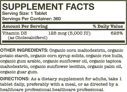 Futurebiotics Vitamin D3 5,000 IU (125 mcg), USDA Certified Organic Vitamin D Supplement, 360 Tablets