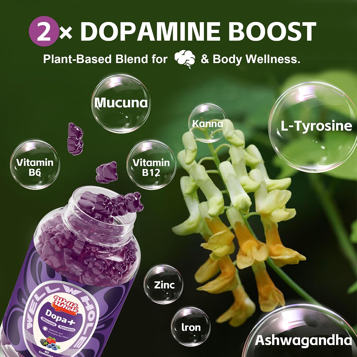 Well&Whole Dopamine Gummies - Mucuna Pruriens with L-Tyrosine & Ashwagandha, Berry Flavour, 60 Count - görsel 4