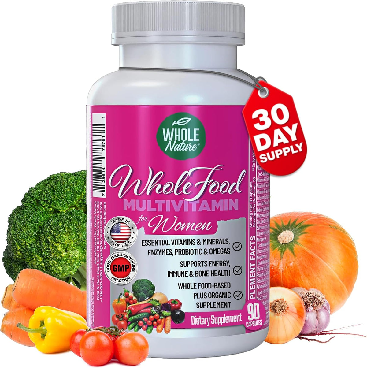 Whole Nature Whole Food Multivitamin for Women - Vegan, Non-GM, with Folate, B12, Probiotics & Omegas (90 Capsules) - görsel 1