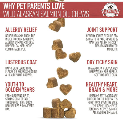 Strawfield Pets Salmon Dog Chews Omega-3 Fish Oil Chews with Wild Alaskan Salmon Oil Skin & Coat + Seasonal Allergy Support Hip & Joint Dog Supplement + EPA & DHA Made in USA