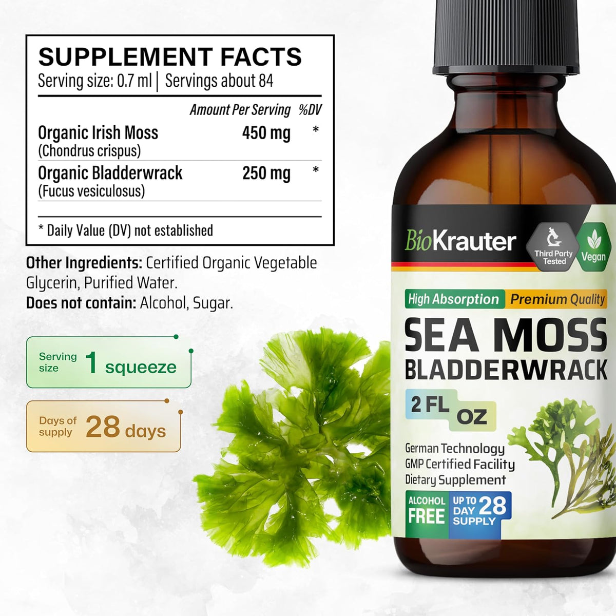 BIO KRAUTER 2-in-1 Sea Moss & Bladderwrack Drops – Vegan Liquid Supplement, 60 ml - görsel 3