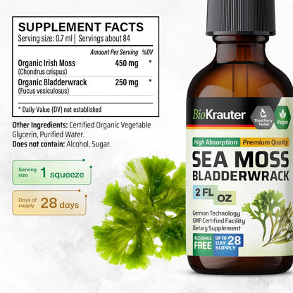 BIO KRAUTER 2-in-1 Sea Moss & Bladderwrack Drops – Vegan Liquid Supplement, 60 ml