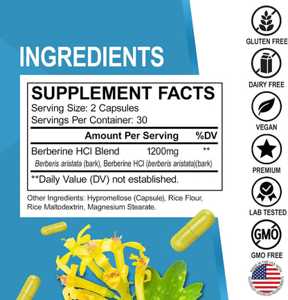 Berberine HCL 1200mg Capsules | Metabolic Support Supplement | DR. BO - 60 Vegan Capsules
