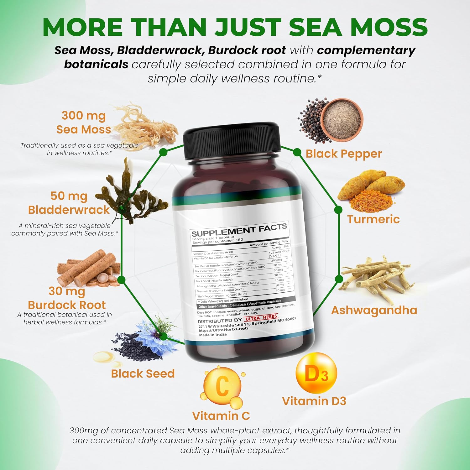 Ultra Herbs Sea Moss Capsules with Black Seed Oil, Ashwagandha, Vitamin D3 & C, 12-in-1 Immune & Overall Wellness Support, 150 Capsules - görsel 3