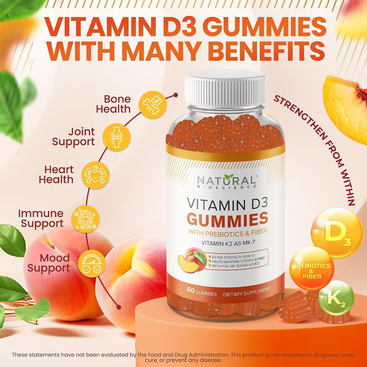 Natural BioScience Vitamin D3 10000 IU & K2 Gummies - Extra Strength, Sugar-Free, with Prebiotics - 30 Count - görsel 2