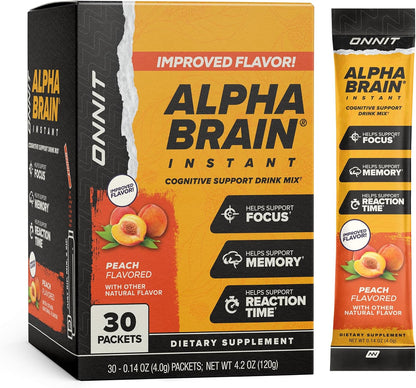 ONNIT Alpha Brain Instant Cognitive Support Drink Mix, Peach Flavour, 30 Sachets