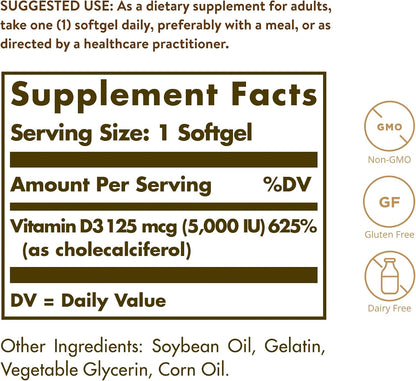 Solgar Vitamin D3 (Cholecalciferol) 125 mcg (5000 IU), 100 Softgels – Bone and Immune Support