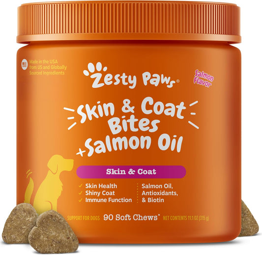 Zesty Paws Salmon Oil for Dogs Skin and Coat, Omega 3 Fish Oil Chews, Dog Allergy Relief Chews, Itch Relief Supplement, 90 Count, Salmon Flavour