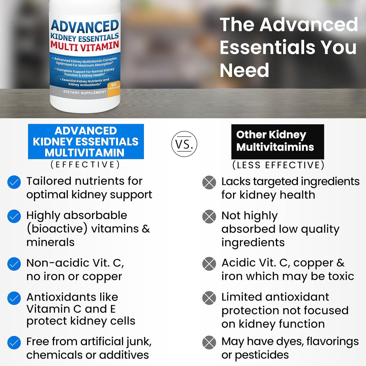 Advanced Kidney Essentials Multivitamin. Kidney Support Supplement for Complete Kidney Health. Renal Vitamins 30 Capsules - görsel 8
