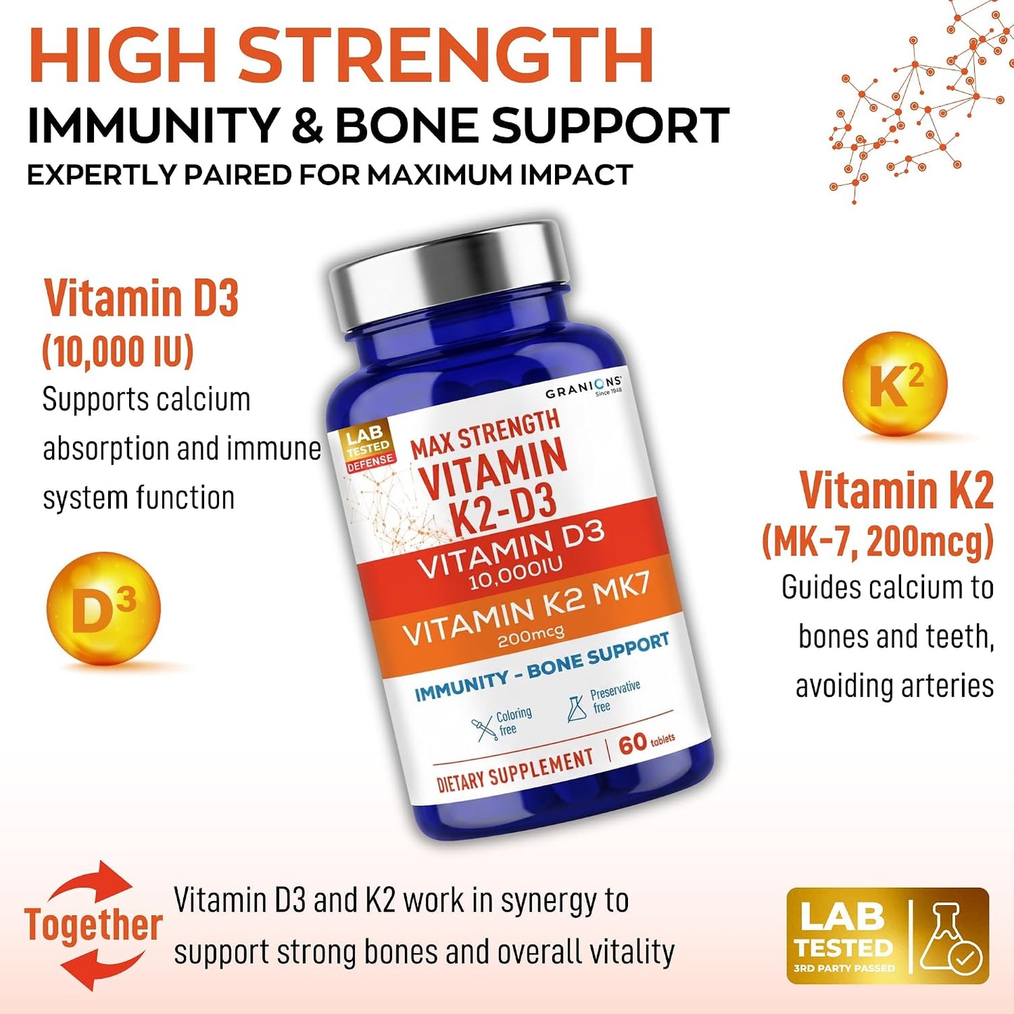 Granions Max Strength Vitamin D3 K2 Supplement - 10,000 IU D3 + 200mcg MK-7 Vitamin K2, 60 Tablets - görsel 2