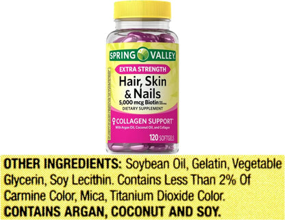 Spring Valley Hair, Skin and Nails Biotin Collagen Gelatine Extra Strength Food Supplement (Pack of 2, 240 Soft Capsules)