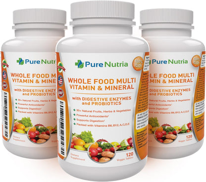 PureNutria Whole Food Multivitamin & Minerals with Probiotic Enzymes – 120 Tablets for Women and Men