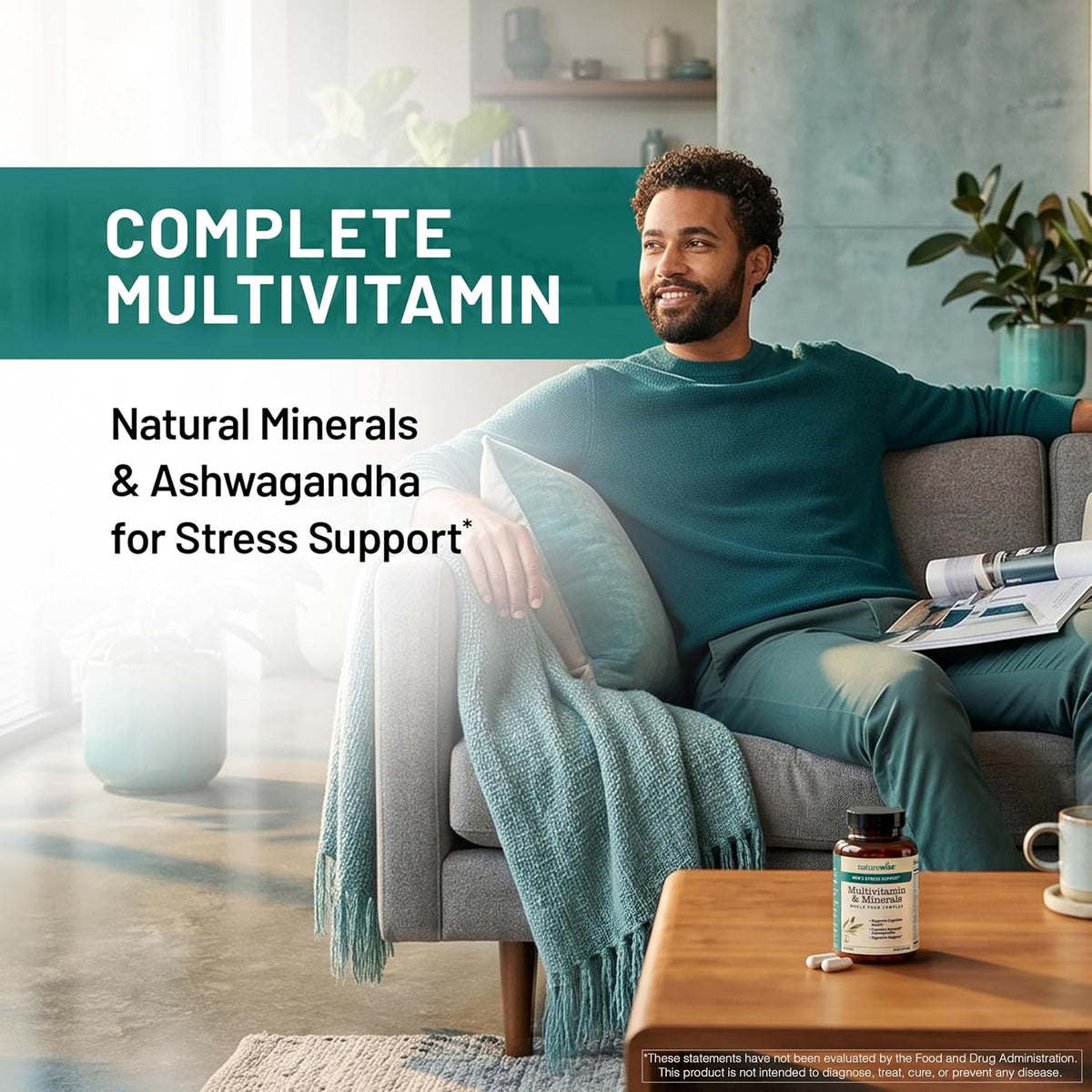 NatureWise Multivitamin for Men + Stress Support + Fulvic Ionic Minerals + Probiotics for Immunity, Male Health, Digestion + Whole Organic Foods - Vegetarian, Non-GMO - 60 Capsules - görsel 2